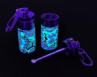 UV Stash Box, Psychedelic Portable Earplug Container, Blue Turquoise with Necklace or Clip.