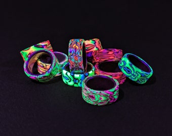 UV Ring Band, Psychedelic Neon Style, Sizes 17mm - 21mm, various colours