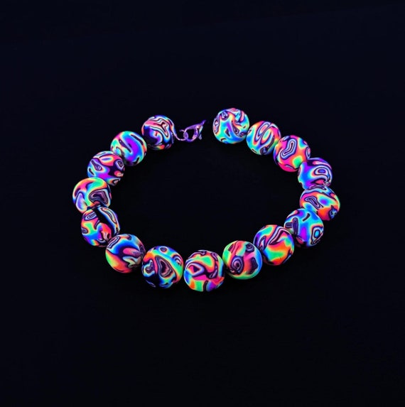 UV Beaded Bracelet, Psychedelic Rainbow Pattern, Trippy Friendship Bangle