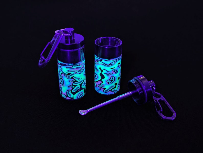 UV Stash Box, Psychedelic Portable Earplug Container, Blue Turquoise with Necklace or Clip. image 1