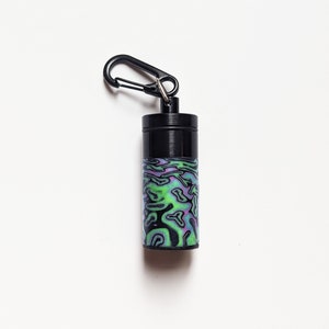 UV Stash Box, Psychedelic Portable Earplug Container, Blue Turquoise with Necklace or Clip. Black Carabiner Clip