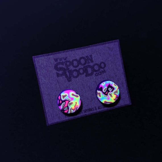 Ear Studs, UV Reactive Wavy Psychedelic Rainbow Colour | Matching Pair