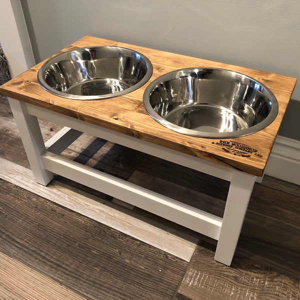 Personalised Large Farmhouse Raised Dog Feeder with Stainless Steel Bowls