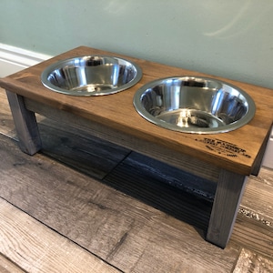 Personalised GREY FRAME Medium Farmhouse Dog Feeder, Pet Feeding Table Stand, Double or Treble Bowls Raised Dog Feeding Station, Rustic