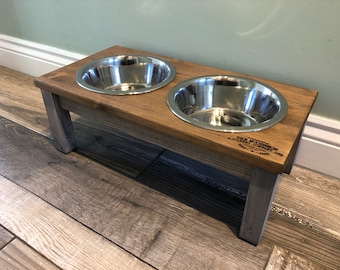 Personalised GREY FRAME Medium Farmhouse Dog Feeder, Pet Feeding Table Stand, Double or Treble Bowls Raised Dog Feeding Station, Rustic