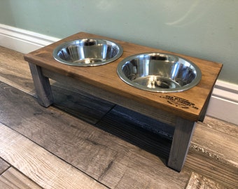 Personalized Medium Farmhouse Dog Feeder, Georgian Grey Rustic Raised Pet Bowls