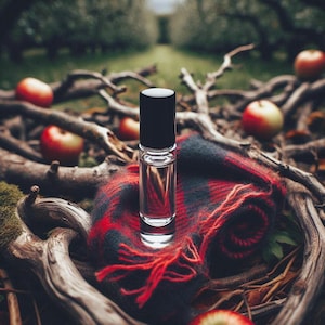 May include: A clear glass bottle with a black cap, sitting on a red and black plaid fabric. The bottle is surrounded by red apples and branches.