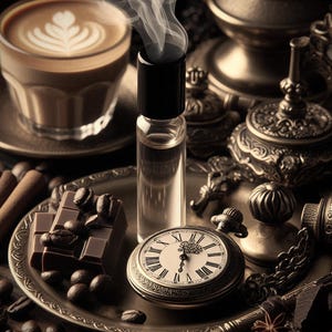 May include: A vintage pocket watch with Roman numeral markings on a silver face, a silver chain, and a brown leather strap. The watch is on a silver tray with a bottle of perfume, chocolate squares, coffee beans, and a cinnamon stick.