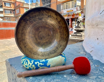 9” diameter Himalayan singing bowl for healing, meditation, yoga- master healing mantra carved singing bowl