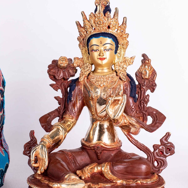 6-Inch 'Green Tara' Statue with Gold-Plated Face and Intricately Crafted Metal Body, Spiritual Partner of Amogasiddhi, the Dhyani Buddha