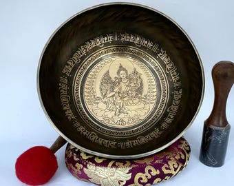 10 inches to 14 inches Green Tara with Flower of life Adorned Tibetan Singing bowl-Made in Nepal-Soothing sound quality-premium bowl