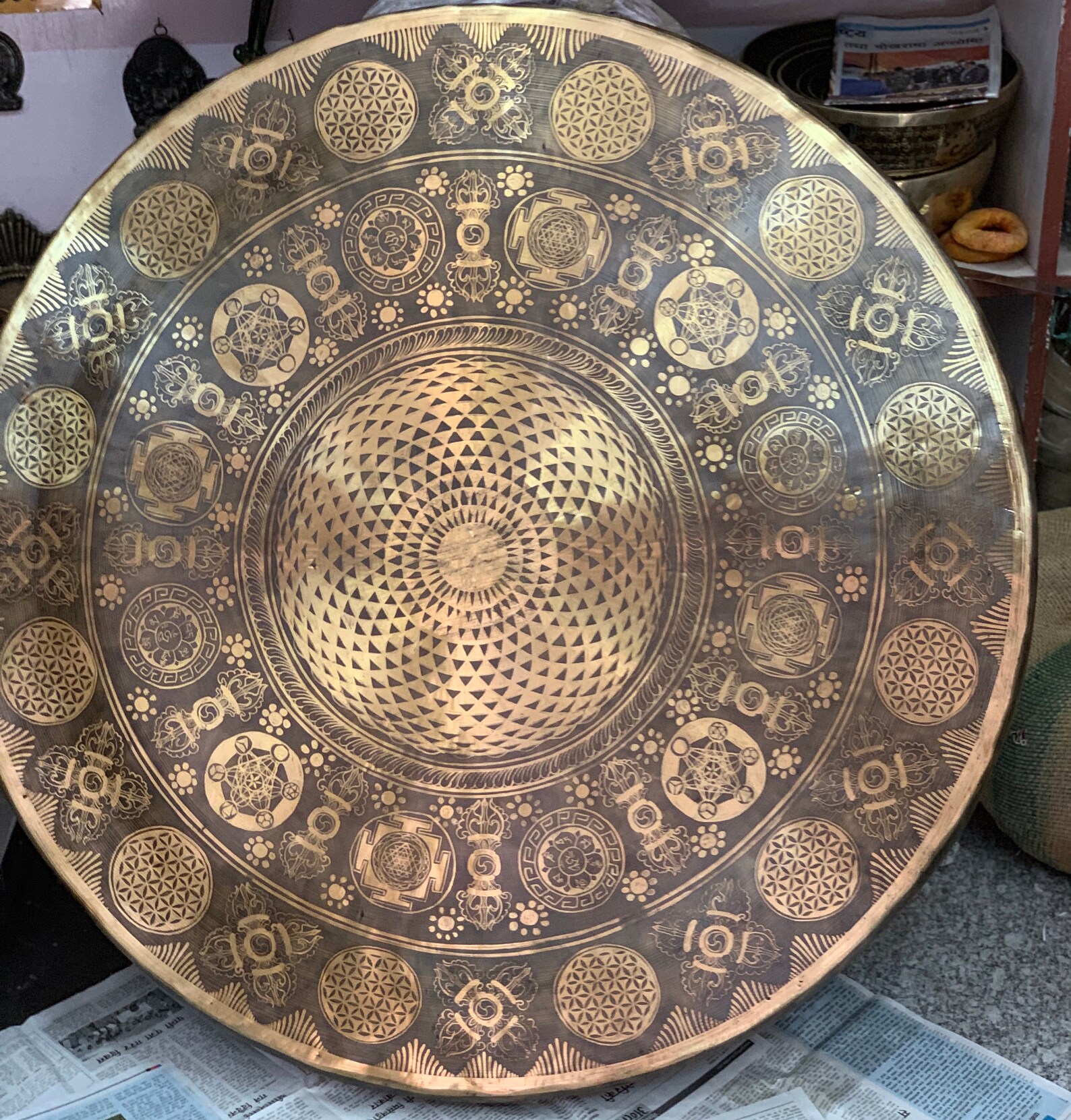 100 Cm Diameter Extra Large Gong Bellhand Carved Various Art and