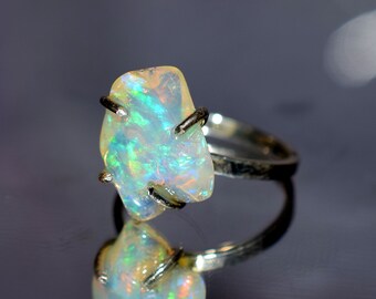 Natural Ethiopian Opal Ring Opal Rough Ring Raw Opal Ring Gift Ring08 Opal Polished Rough Ring 925 Sterling Silver Oxidized Black Polish