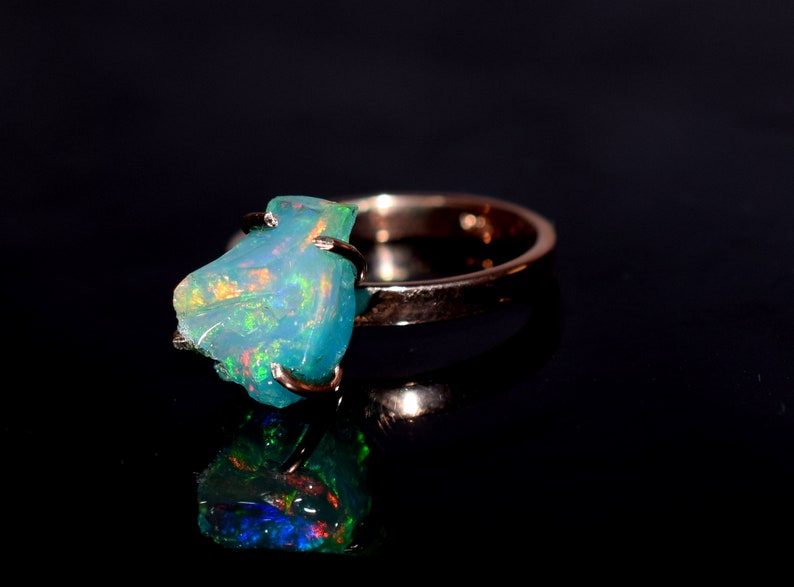 Sky Blue /& White Natural Ethiopian Opal Rough Ring Rose Gold Plated 925 Sterling Silver Opal Rough Ring Statement Opal Ring H-0145