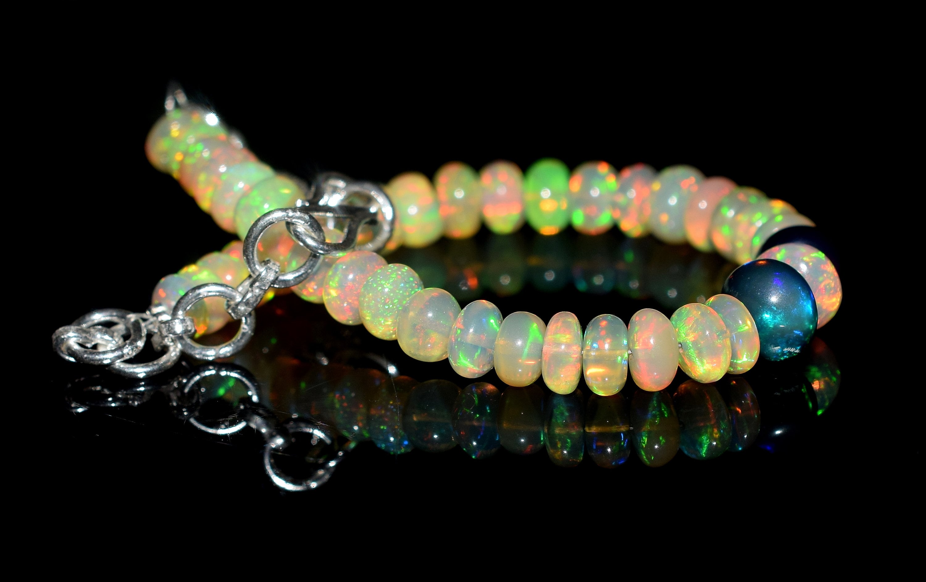 Natural Ethiopian Multi-Fire Opal 925 Silver Bracelet H-697