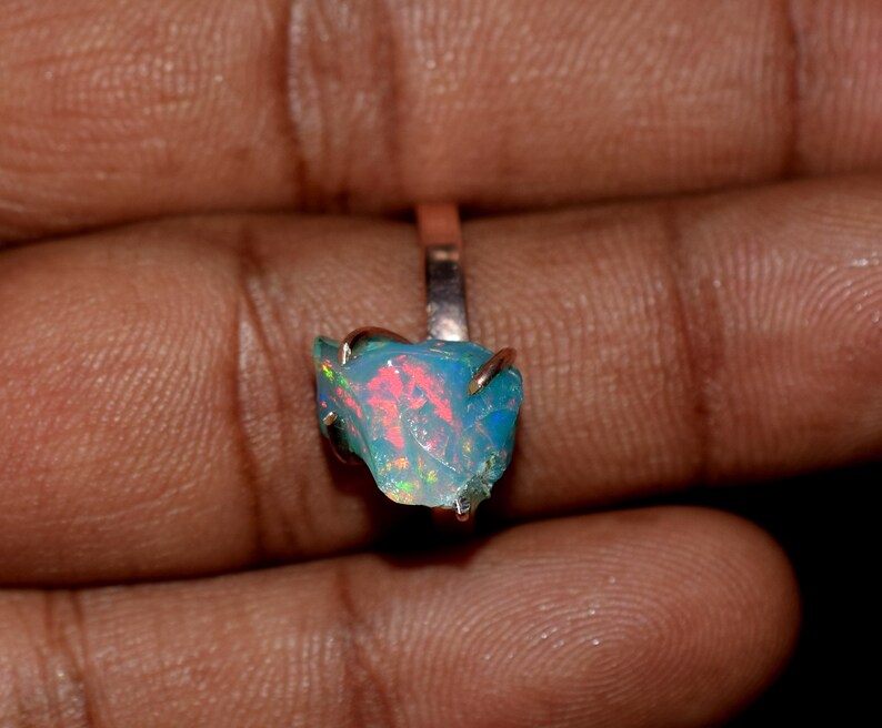 Sky Blue /& White Natural Ethiopian Opal Rough Ring Rose Gold Plated 925 Sterling Silver Opal Rough Ring Statement Opal Ring H-0145