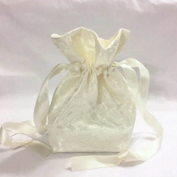 Fancy Ivory Lace over Bridal Satin Drawstring Wrist Hand Bag. 4 Sizes. Many Ribbon Colors. Purse for Prom Wedding Phone Girl Jewelry Gift