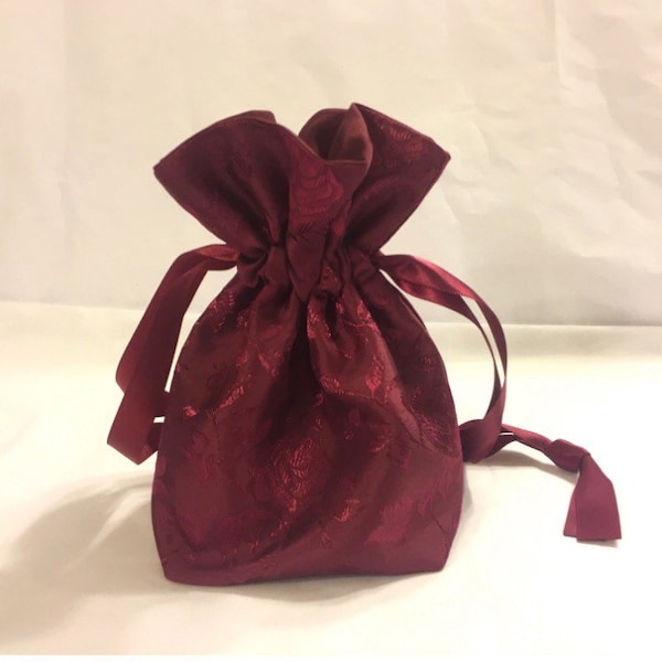 Burgundy Maroon Jacquard Satin Drawstring Handbag. With Fancy Floral Rose Designs. 3 Sizes. Purse for Prom Wedding Birthday Girl Gift Tote