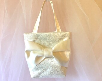 Small Ivory Hand Bag, Tote Bag. Fancy Purse for Weddings, Bride, Mother of the Bride, Bridesmaid Gift, Dollar Dance. Satin + Lace & Sash.