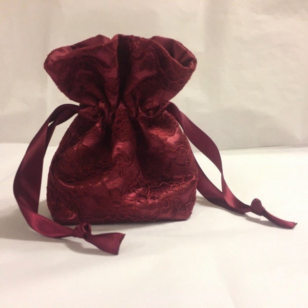 Beautiful Burgundy Maroon Lace over Bridal Satin Drawstring Hand Bag. 3 Sizes. Wedding Girl Gift Birthday Baby Shower Bridal Party Purse