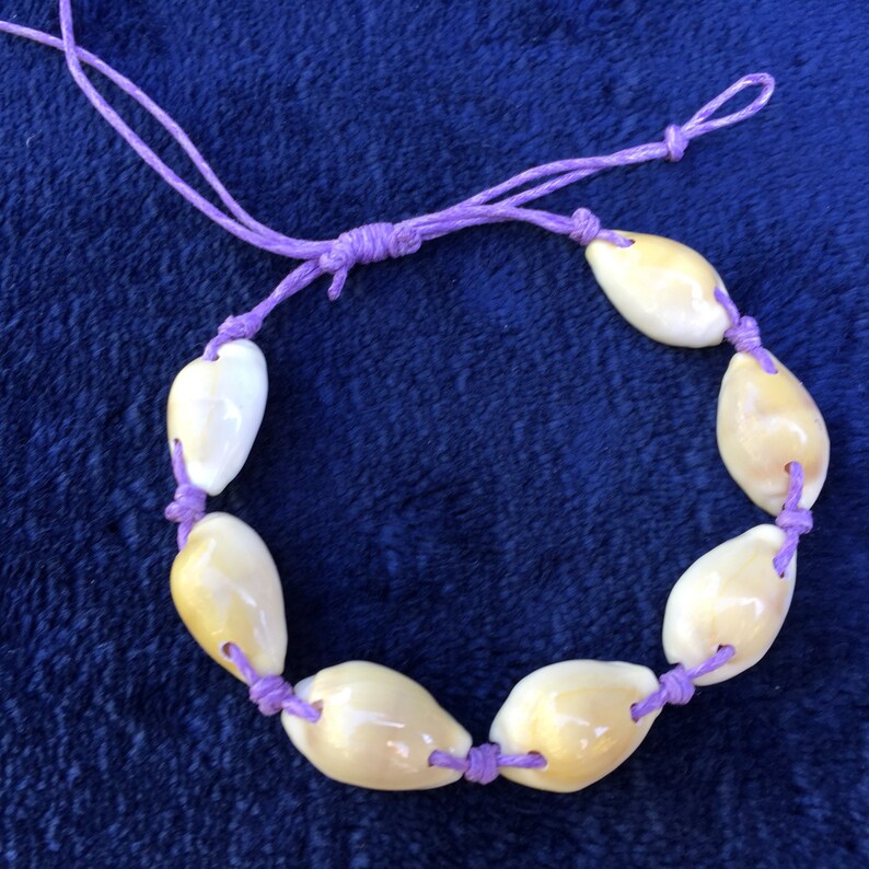 with Waxed Cord /& Natural Yellow Cowrie Shells Hawaiian Shell PURPLE Cord Surfer Style Beach Tropical Pretty Fashion Accessories BRACELET