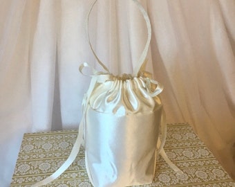 Ivory Wedding Satin Drawstring Hand Bag, Purse + Wrist Strap. For Bride Bridesmaid Flower Girl Money Dance Dolly Bag. In Black, White & More