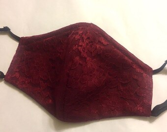 Fancy Burgundy Lace Face Mask for Prom Wedding Bridesmaid Formal Wear Special Occasions. Floral Burgundy Dark Maroon Lace over Cotton.