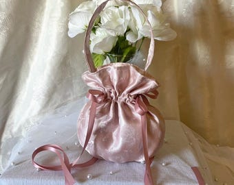 Wrist Purse with Drawstrings. Floral Jacquard Satin + Ruffles. Featured Color is Dusty Rose. Regency Style for Weddings, Flower Girls.