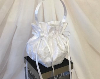 Princess Wedding Satin + Lace and BOWS Hand Bag, Small Purse. In White, Ivory, Black & More. For Brides Flower Girl Money Dance Dolly Bag.