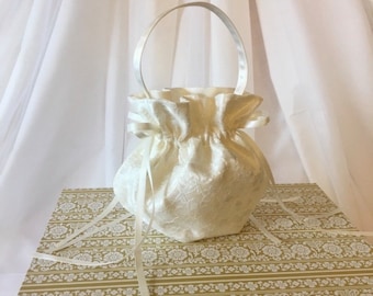 Princess Wedding Satin + Lace and BOWS Hand Bag, Small Purse. In White, Ivory, Black & More. For Brides Flower Girl Money Dance Dolly Bag.