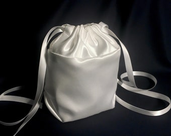 White Wedding Satin Drawstring Hand Bag Purse w Option for Wrist Strap. For Brides Bridesmaids Flower Girl Gifts Money Dance Dolly Bag.