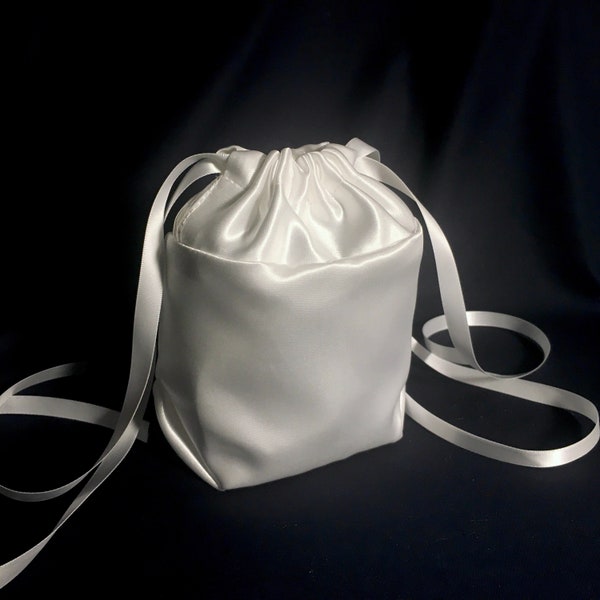 White Satin Drawstring Wrist Purse w Option for Wrist Strap. For Brides Bridesmaids Flower Girl Gifts Money Dance Dolly Bag Wedding.