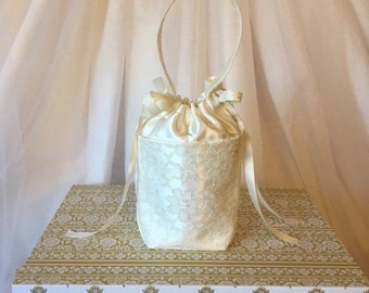 Ivory Satin + LACE Wedding Drawstring Barrel Bag, Hand Purse. For Bride Bridesmaid Flower Girl Money Dance Dolly Bag. In Black, White & More