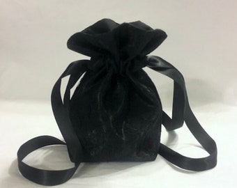 Fancy Black Lace over Bridal Satin Drawstring Wrist Hand Bag. 4 Sizes. Many Ribbon Colors. Purse for Prom Wedding Girl Jewelry Gift