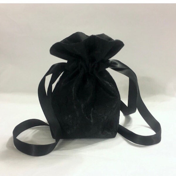 Fancy Black Lace over Bridal Satin Drawstring Wrist Hand Bag. 4 Sizes. Many Ribbon Colors. Purse for Prom Wedding Girl Jewelry Gift