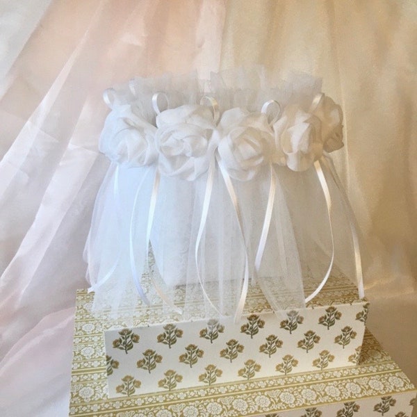 Wedding Card Bag, Medium Size. Satin, Lace, Chiffon Flowers and Tulle Skirt. Free Standing. For Receiving Table, Anniversary, Baby Shower