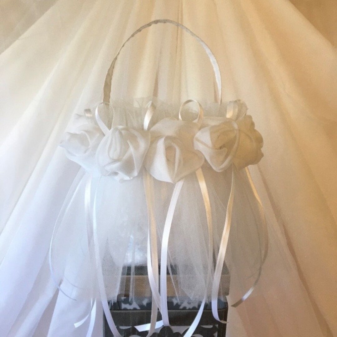 Dainty Flower Girl Petal Basket. With White Satin, Tulle Ruffles
