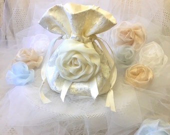 Ivory Satin + Lace Bridal Purse w Chiffon Flower. Wedding Money Dance, Satin Drawstring Bag, Bridal Wristlet, Bride Makeup Bag, Flower Girl.