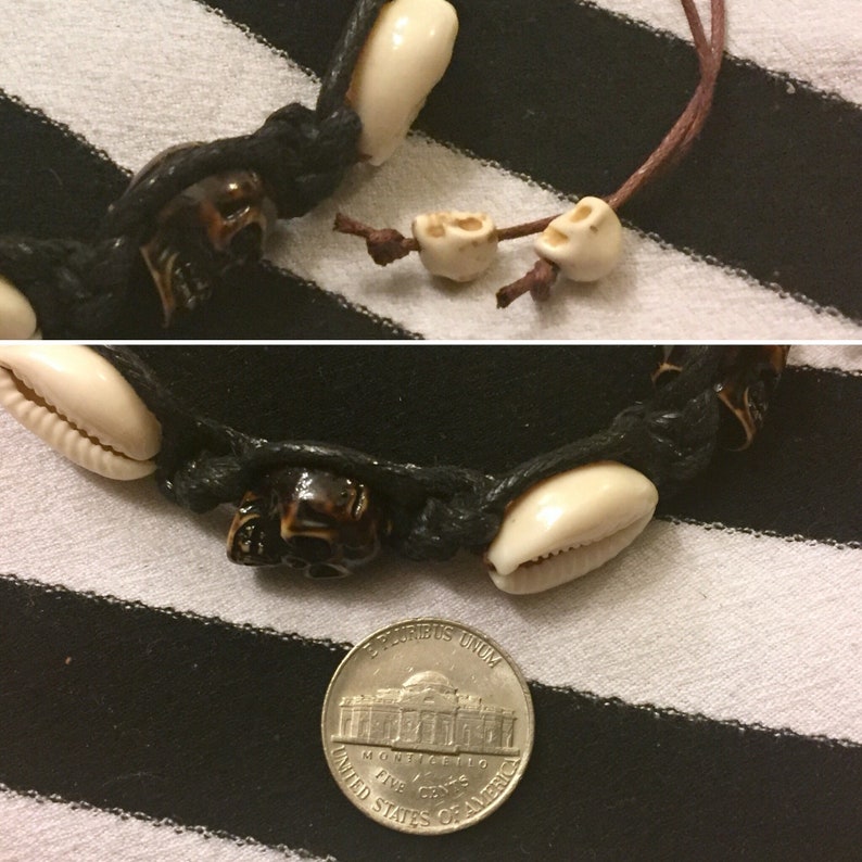 Bracelet with Brown and Black Cord Resin Skull Macrame Detailing Ocean Hawaiian Beach Surfer Punk Rock Music Fashion Scene Cowrie Shells