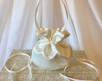 Ivory Wedding Satin Wrist Bag + Ruffles, Drawstrings & Wrist Strap. Purse For Brides Bridesmaids Flower Girl Money Dance. Many Color Options