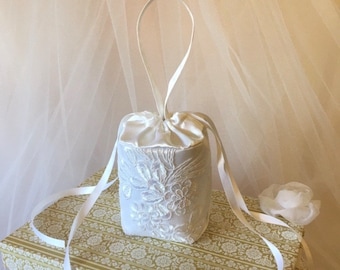A Wedding Hand Bag, Drawstring Purse with Wrist Strap. White Satin with Embroidered Lace. Bridesmaid Flower Girl Money Dance Bridal Shower.