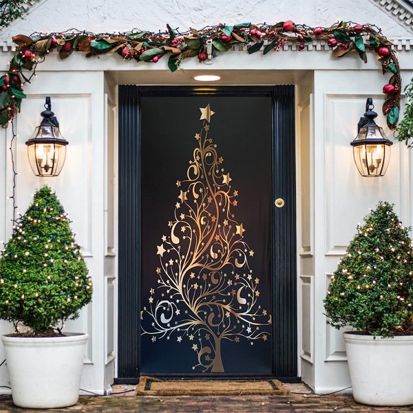 Decorazione per porta dell'albero di Natale dorato - Copriporta di Natale - Decorazioni natalizie per esterni - Decorazione per porta d'ingresso - Copertura per porta - Decorazione per la casa