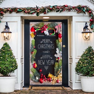 メリークリスマスとハッピーニューイヤーのドアデコレーション - クリスマスドアカバー - 屋外クリスマスデコレーション - シンプルなクリスマス玄関ドアデコレーション