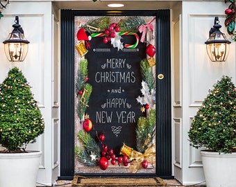 Merry Christmas and Happy New Year Door Decoration - Christmas Door Cover - Outdoor Christmas Decoration - Simple Christmas Front Door Decor