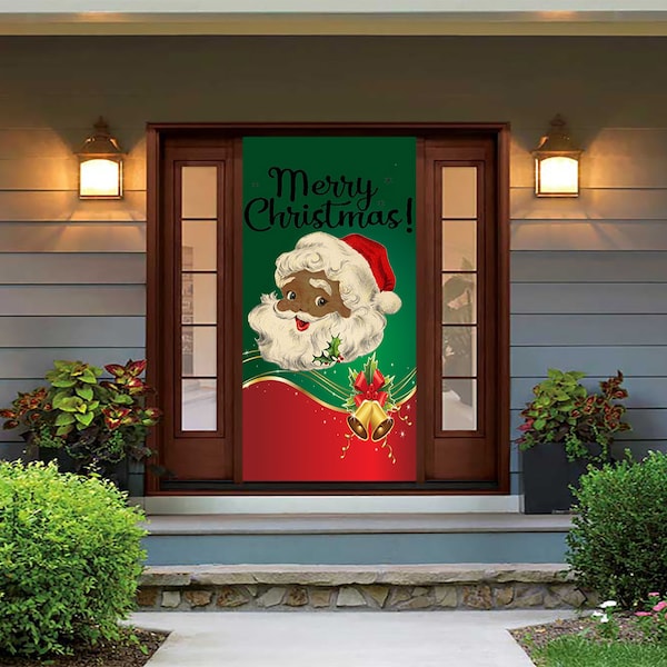 May include: A festive Christmas door banner with a vintage Santa Claus illustration. The banner is predominantly green and red, with the text "Merry Christmas!". The Santa illustration has a black face and a white beard, with a red hat.