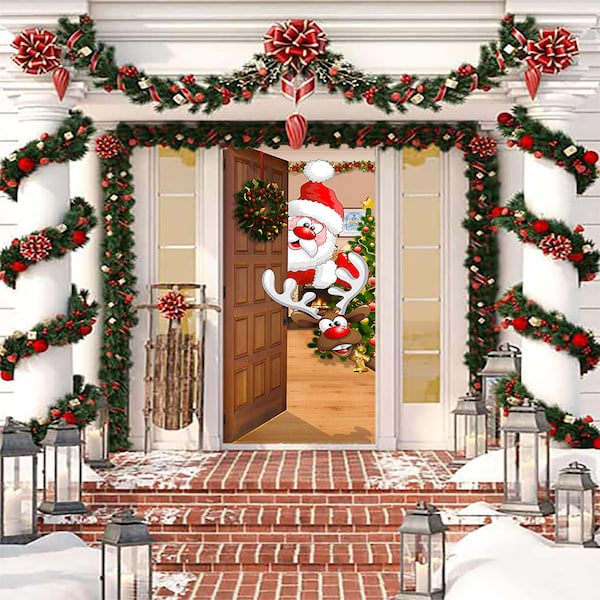 Santa Door Decor - Christmas Door Covers - Outdoor Christmas Decorations - Front Door Decor - Door Cover - Holiday Door Covers