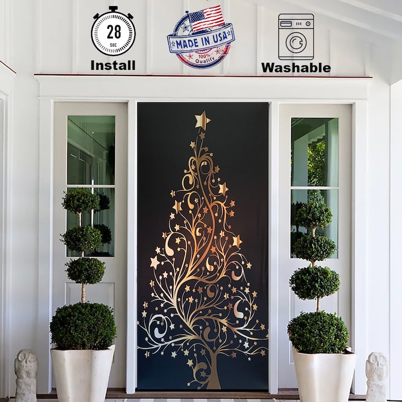 Golden Christmas Tree Door Decoration Christmas Door Covers Outdoor Christmas Decorations Front Door Decor Door Cover Home Decor image 2