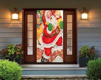 Rooftop Santa Door Cover - Christmas Door Covers - Vintage Christmas Decorations - Vintage Card Image - Vintage Christmas