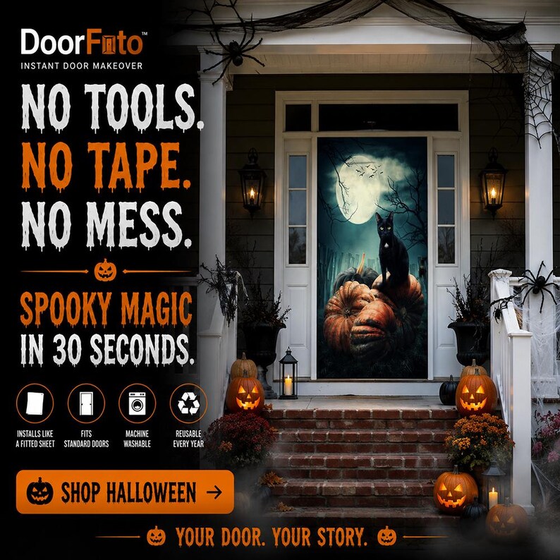 May include: A DoorFoto door cover featuring a black cat sitting on pumpkins under a full moon. Text reads: NO TOOLS. NO TAPE. NO MESS. SPOOKY MAGIC IN 30 SECONDS. SHOP HALLOWEEN. YOUR DOOR. YOUR STORY. Icons indicate it installs like a fitted sheet.