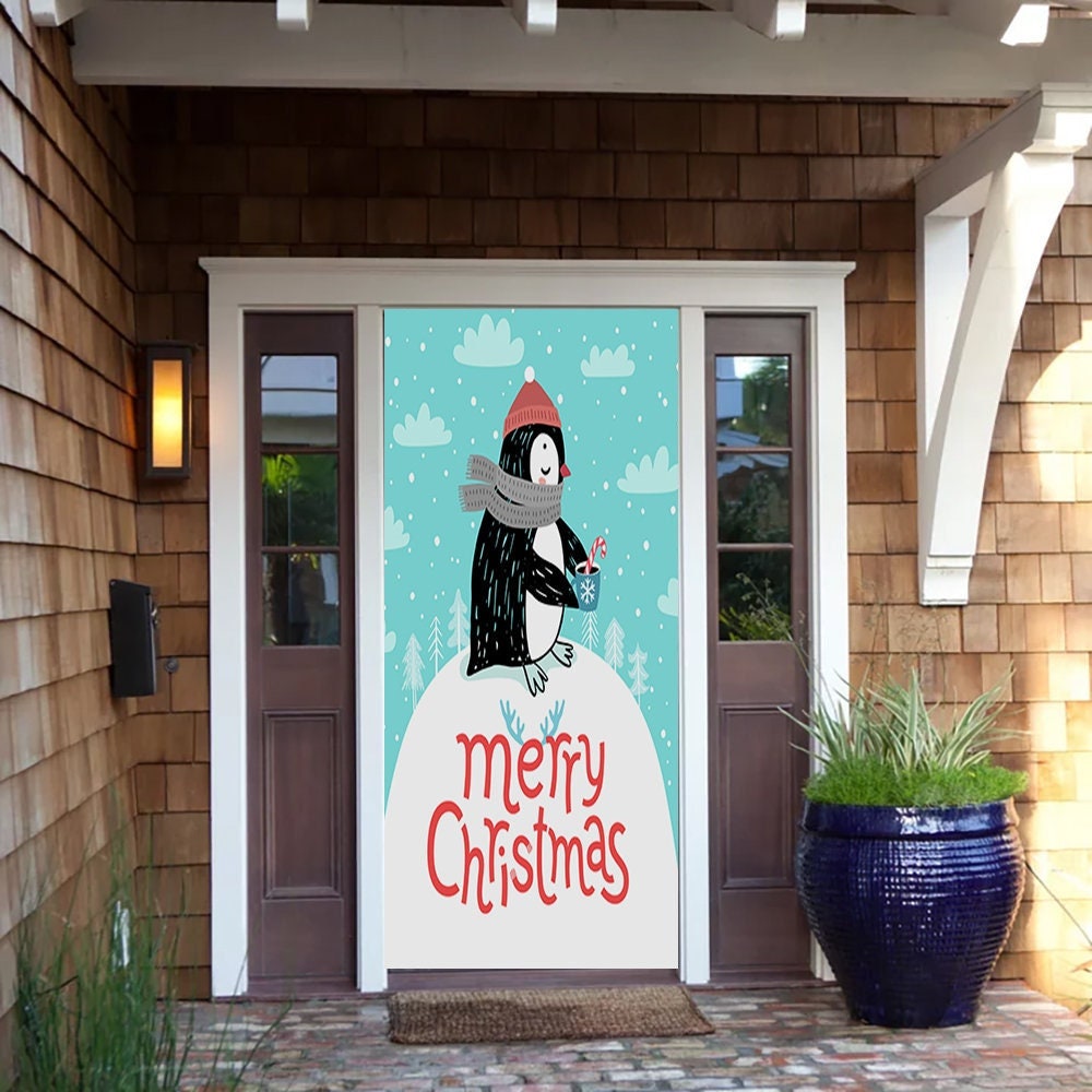 Winter Penguin Door Cover Banner Decorative, Cute Snowy